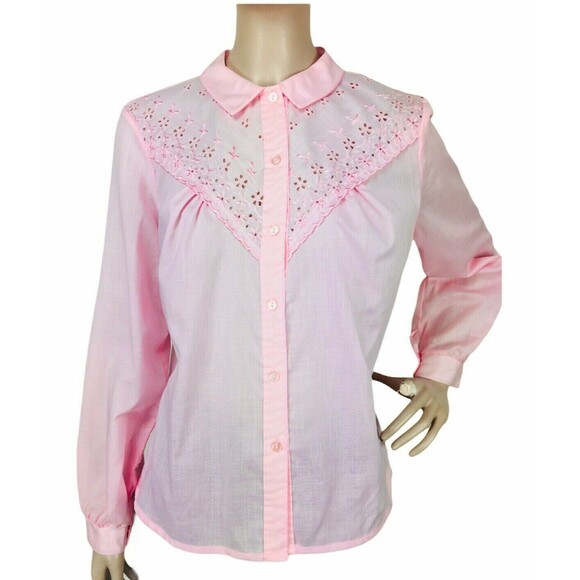 Vintage 60s 70s Pleated Pink Eyelet Yoke Prairie Cottagecore Boho Western Blouse - Picture 4 of 9